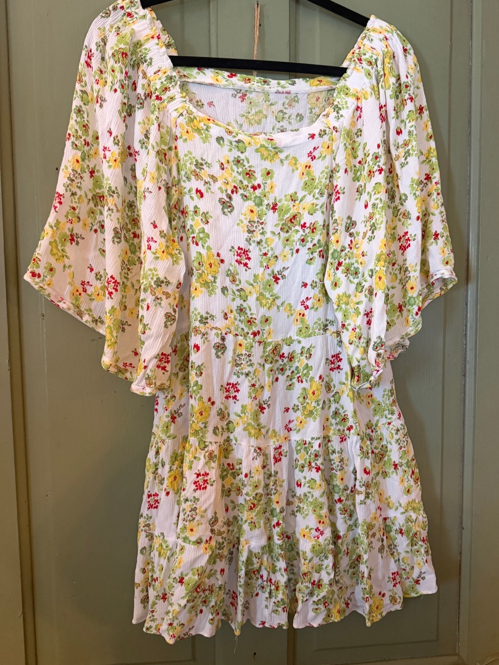 White Floral Tiered Mini Dress with Flutter Sleeves